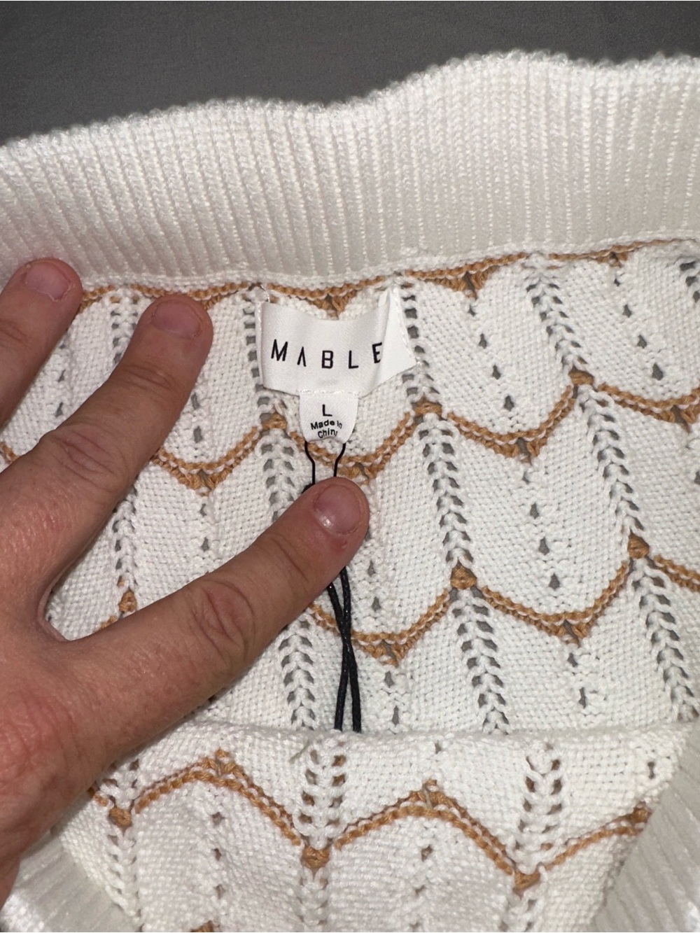 MABLE Ivory Beige Chevron Knit Scallop Hem Mini A-Line Skirt L Classic Fall Chic - Picture 3 of 9